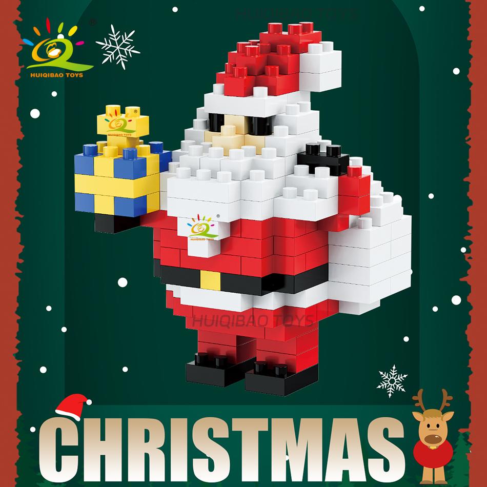 HUIQIBAO Mini Christmas Tree Santa Claus Children Train Model Micro Bricks Building Block Snowman Elk Bricks Toys New Year Gift