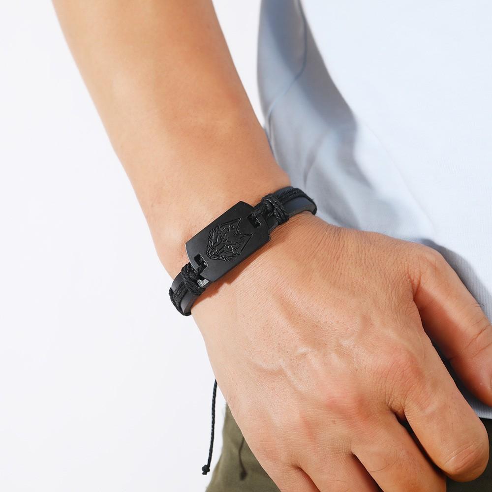 Men's Vintage Black Wolf Head Hand-woven Leather Bracelet