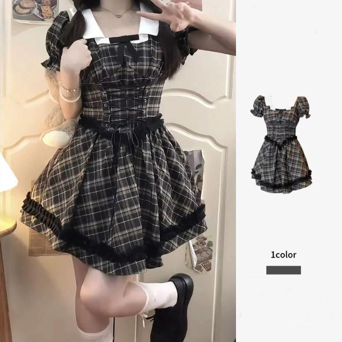 

Sweet Spice College Style Dress Women s Summer Vintage Bubble Sleeves On the Run Princess Dress Waist Plaid Fluffy Dress XL