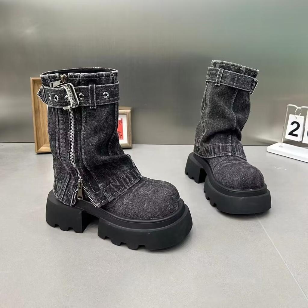 Designer Denim Women Ankle Boots Fashion Elegant Side Zippers Belt Buckle Shoes Thick Heel Women's Morder Short Booties