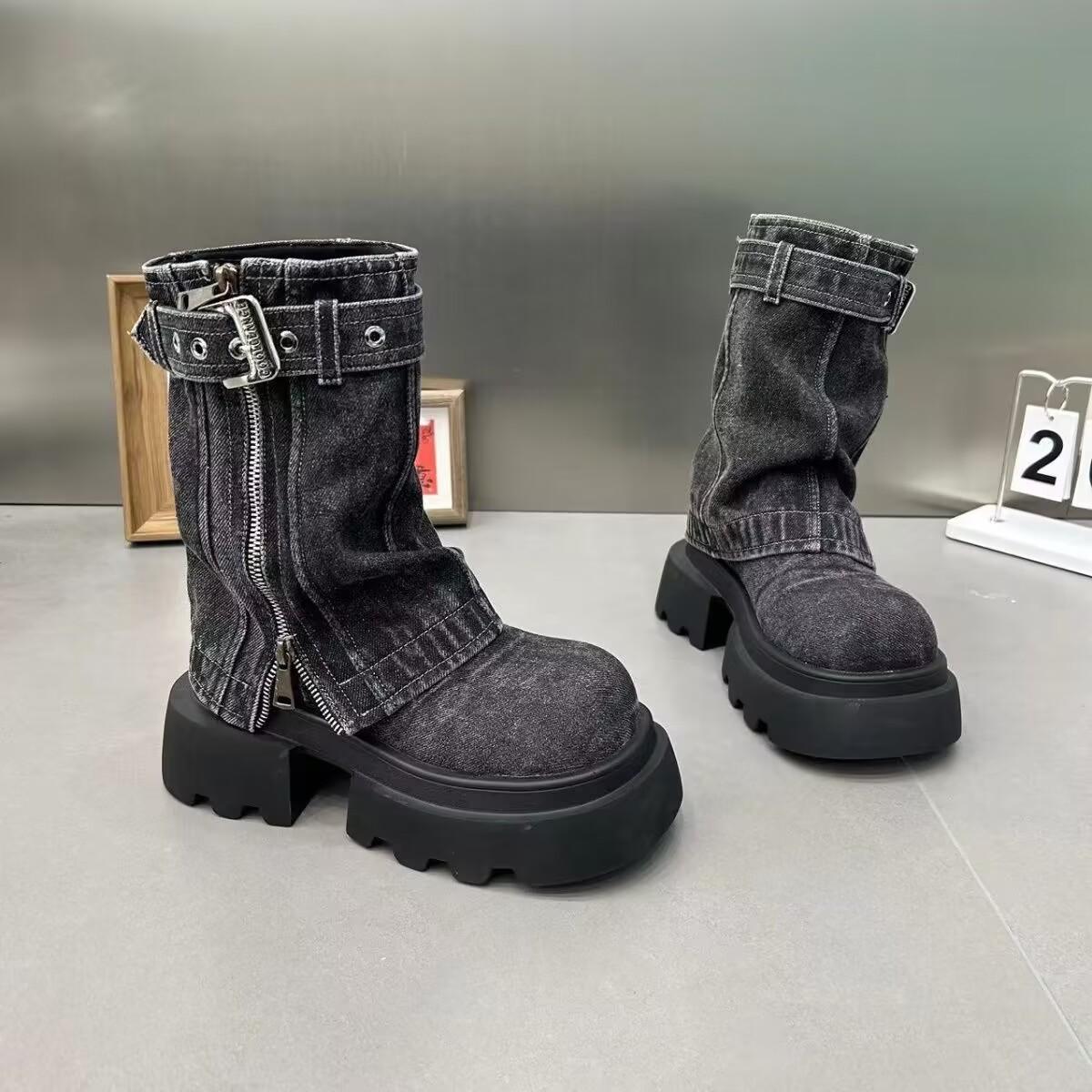 

Fashion Women Boots 2025 Autumn Cowboy Mid-calf Boots Zipper Ladies Platform Boots Mid Heels Designer Shoes Motorcycle Botas Mujer 35 чёрный