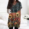 Damen Oberteile V-Ausschnitt Kurzarm Blusen Lässige Mittellange Hemden Mode Unabhängigkeitstag Print Tunika Tops mit Taschen