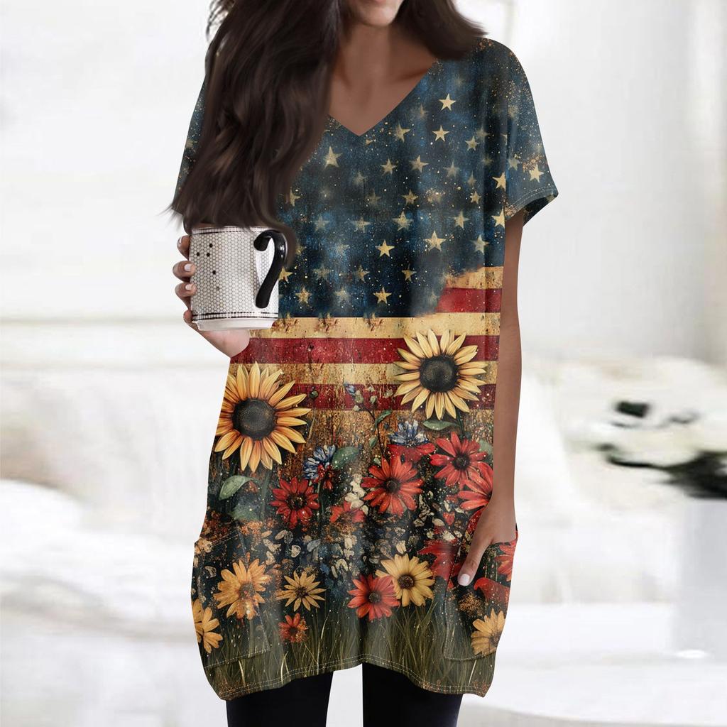 Damen Oberteile V-Ausschnitt Kurzarm Blusen Lässige Mittellange Hemden Mode Unabhängigkeitstag Print Tunika Tops mit Taschen