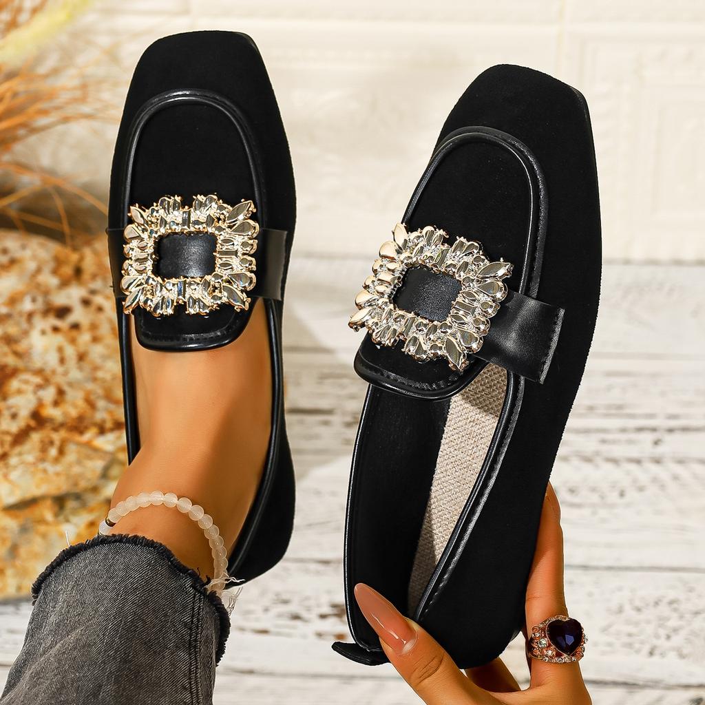 New Square Toe Rhinestone Square Buckle Single Shoes New Leopard Pattern Fashion Flat Shoes for Women In Spring Summer Autumn