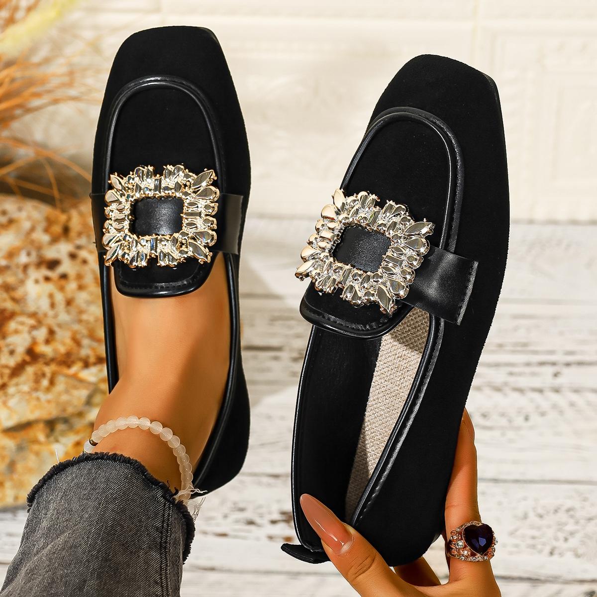 Новые женские туфли-лодочки на плоской подошве с квадратным носом квадратной пряжкой и стразами новый леопардовый принт модные туфли для весны лета осени 36 чёрный 2100₽