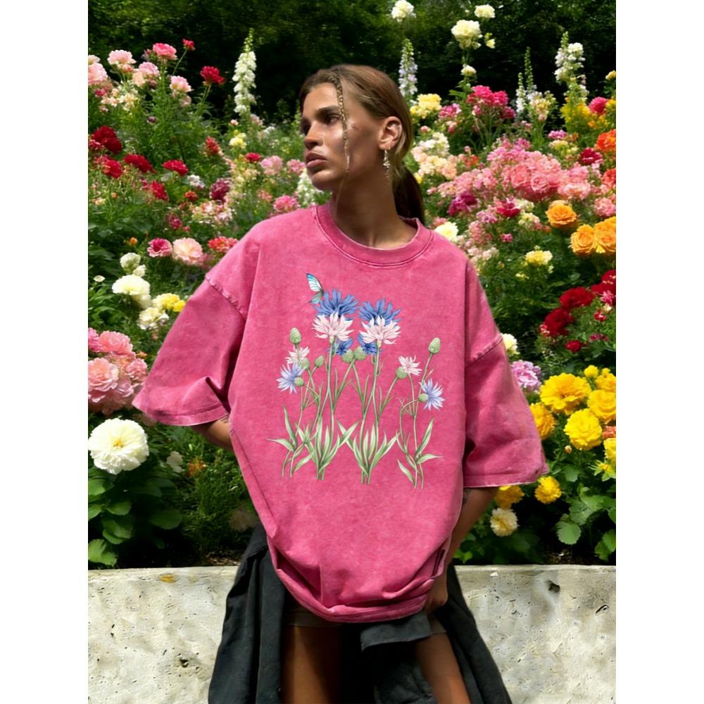 T-shirt Lavé pour Femme Imprimé Papillon Bleuet Artistique Été Ample T-shirt à Col Rond Vêtements en Coton