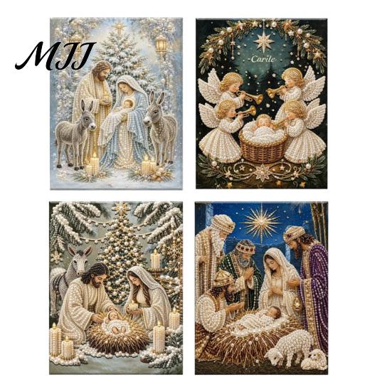 Nativity Craft for Adults Faux Pearl Art Kit, Holy Family Painting DIY Catholic Prayer Corner Decorations 3D Religious Set Adults, Home Christmas Wall