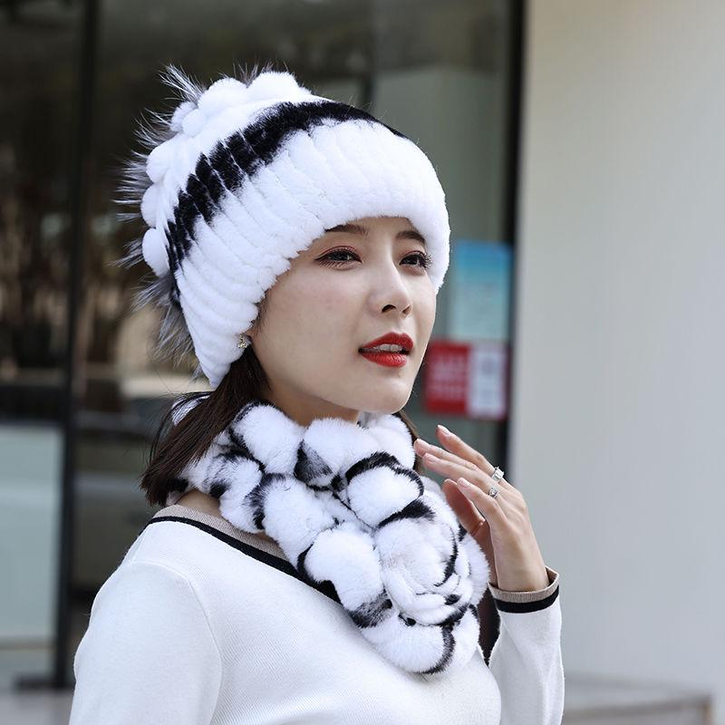 Neue Mode Frauen Winter Echte Rex Kaninchen Pelzmütze Schal Natürliche Weiche Rex Kaninchen Pelz Kappe Schals Sets Für Dame Im Freien warm halten