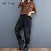 Korean Style Women Streetwear Jeans Elastic Waist Casual Loose Denim Trousers With Pockets Basic Blue Black Ladies' Jeans