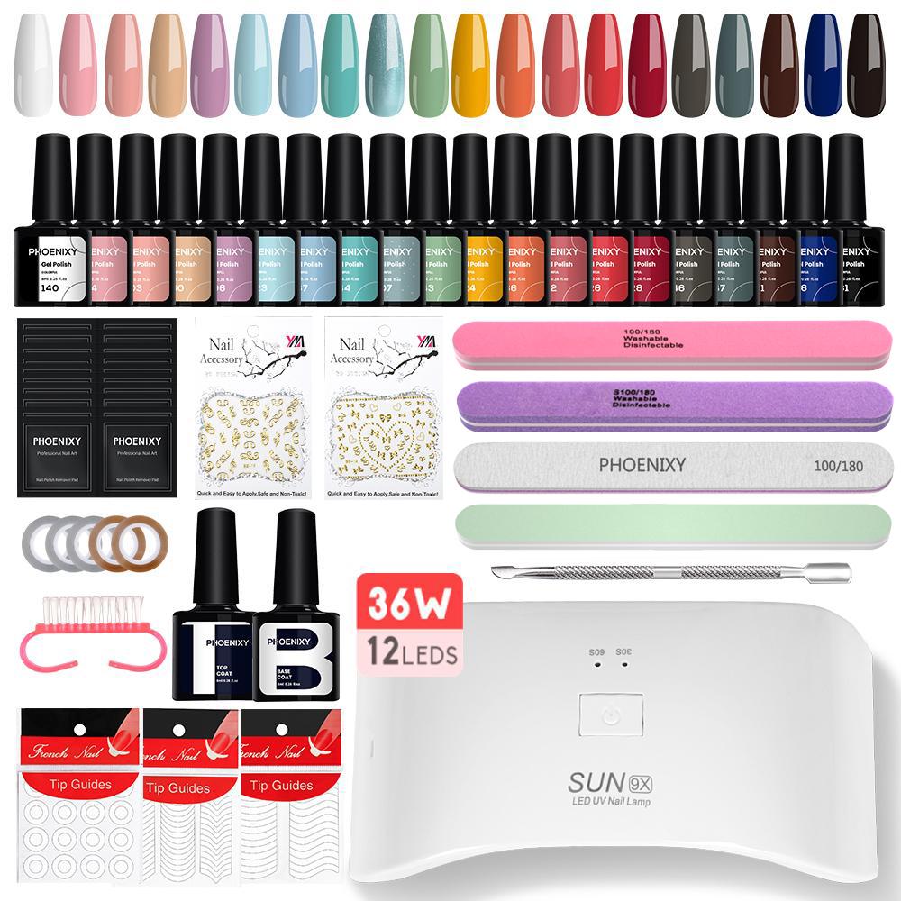 

Набор гель-лаков для ногтей PHOENIXY, 20 шт., красочный гель-лак для ногтей, 36 Вт, лампа для ногтей с аксессуарами для ногтей, полупостоянный набор для украшения салона