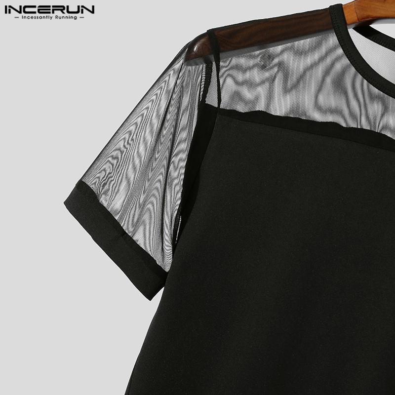 INCERUN Men Short Sleeve Mesh Sheer Patchwork Fitted T-shirts