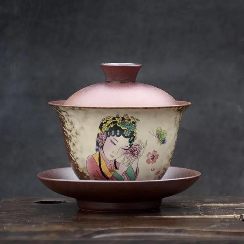 Handmade Ceramic Gongfu Tea Set, Chinese Bohemian Lid Bowl & Saucer, 170ml; Capacity, Artistic Tea Cup for Traditional Ceremony