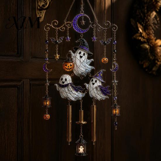 Bat Moon Themed Decor Halloween Stained Glass Style Wind Chime, Acrylic Suncatcher Hanging Ornament with Ghost Black Cat Raven Witch Festive