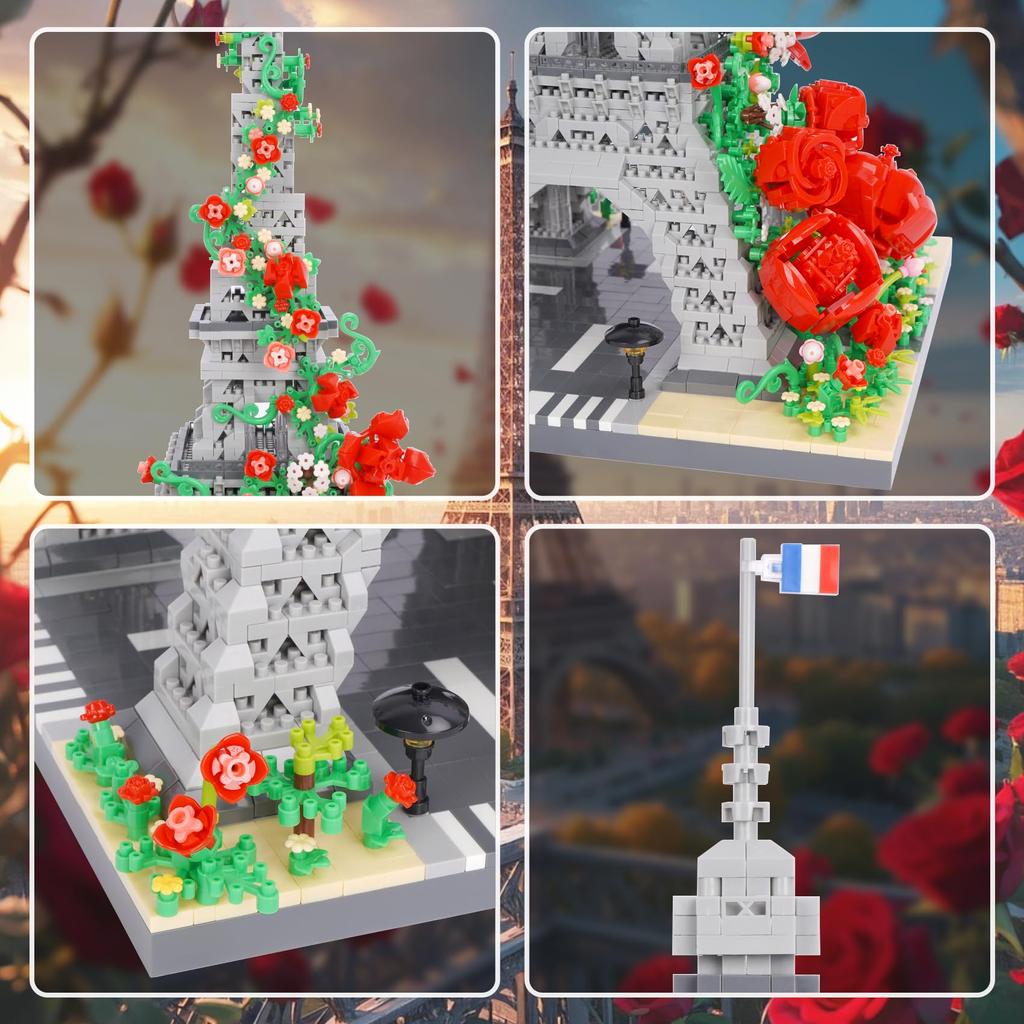 LULUFUN Eiffel Tower Micro Block Building Toy, Flowers, Roses, Paris, Banks of the Seine, Building Set, Eiffel Tower, Tourist Attraction, World