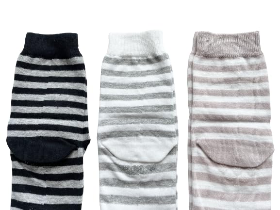 Tabi Socks with 3 Elastic Loose Cotton Outer Striped Set Women's Non-Slip Finish, Pairs, Cuffs, Fit, 100% Thread, Pattern, 3-Pair (Colors Available)