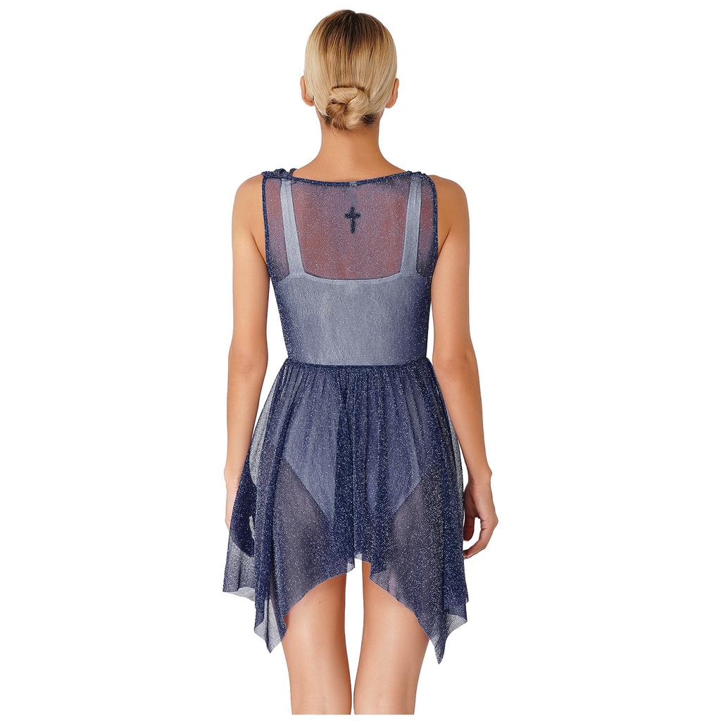Women Glittery Draped Neck Sleeveless Dance Dress See Through Asymmetrical Hem Performance Gown