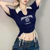 Summer Women Sexy Short Sleeve T-shirt Street Korean Clothing New Short Tees Drawstring Slim Contrast Letter Graphic Crop Tops