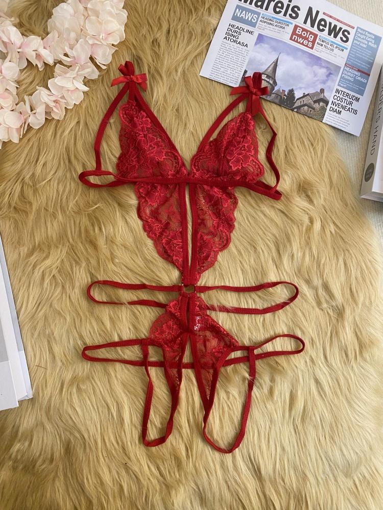 Crotchless Red Sexy Lingerie Women Lace Hollow Bra Set Erotic Costumes Teddy Baby Doll Dress Deep V Open Bra Sexiest Bodysuits