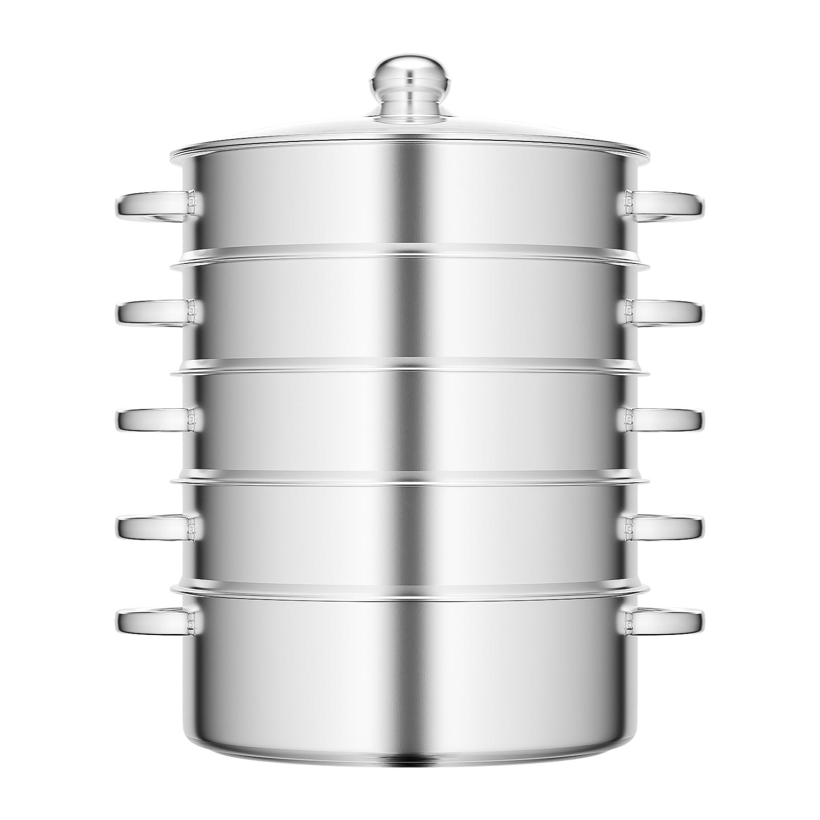 

Stainless Steel Steamer with Glass Lid 5 Tier 46.5cm Cookware Cooking Pot Induction Hob Steamer for Dumplings Silver серебряный