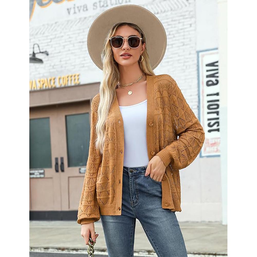 Dámský lehký háčkovaný zkrácený kardigan 2025 s výstřihem do V, dlouhým rukávem a bolerkem na knoflíky