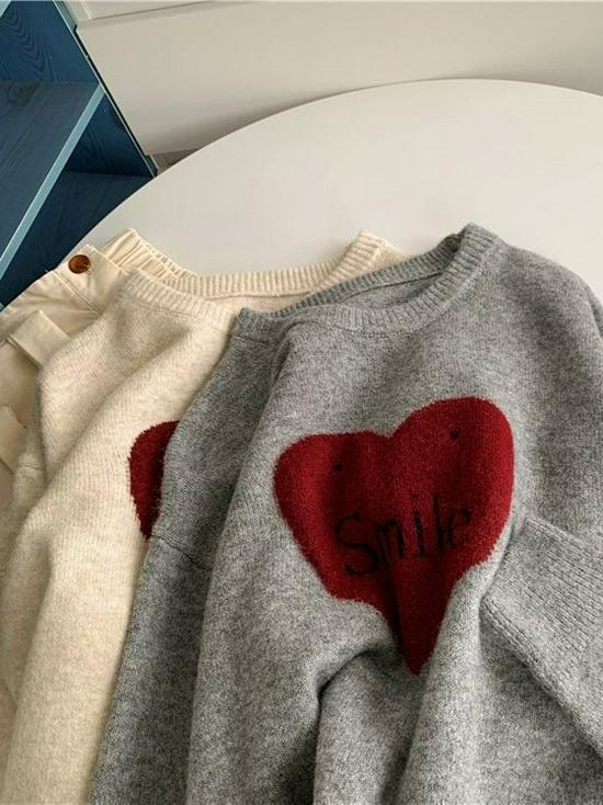 Korean Style Love Jacquard Couples' Knit Pullover - Women's Autumn/Winter Loose Long Sleeve Sweater