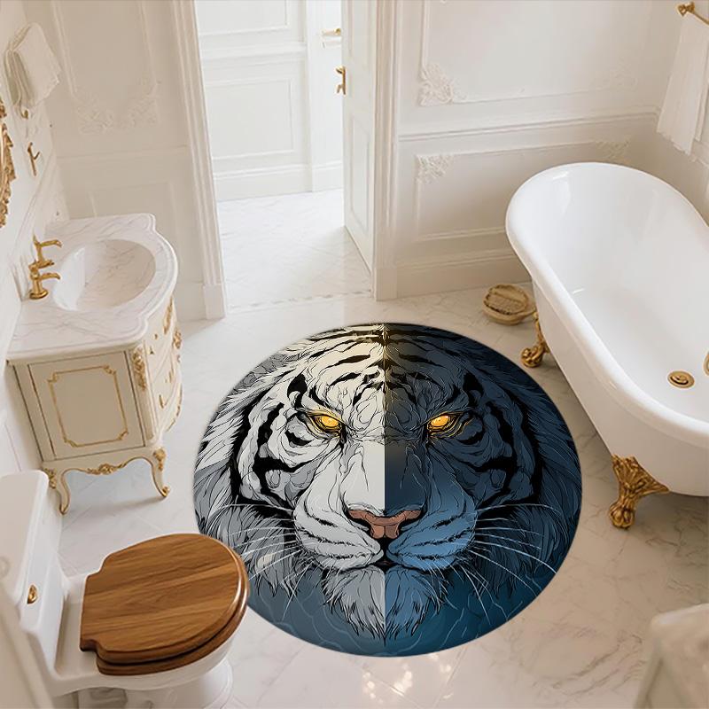 Black and White Tiger Round Area Rug,Carpet Rug for Living Room Bedroom Sofa Playroom Decor,Non-slip Floor Mat