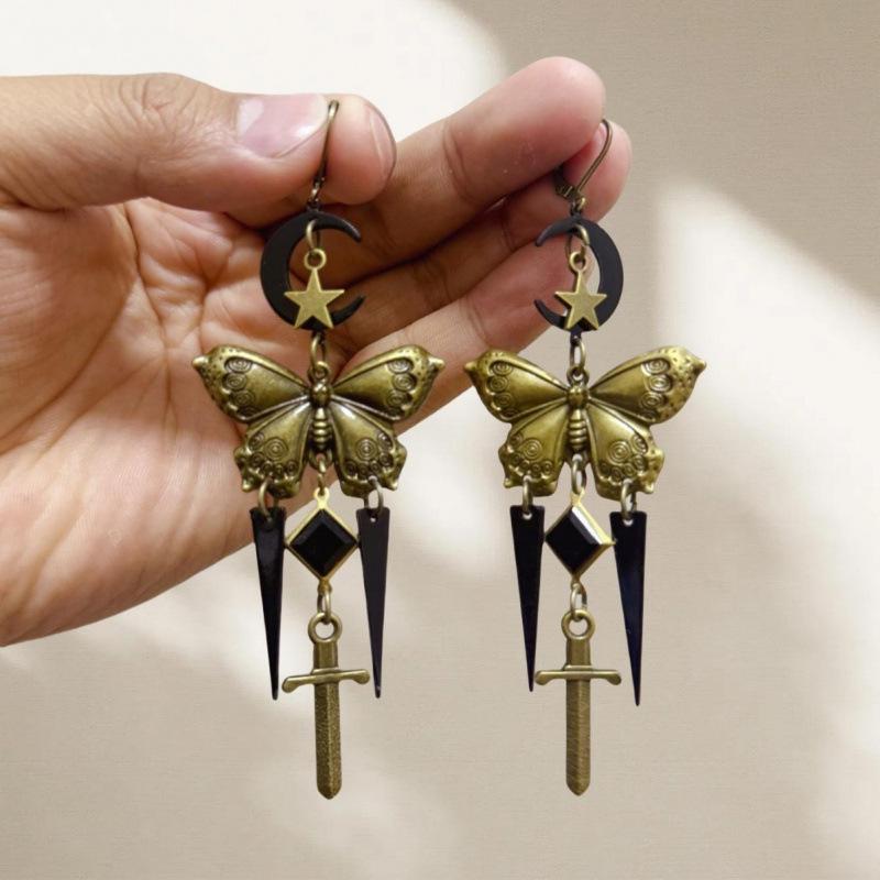 Retro Gothic Star Moon Butterfly Sword Tassel Earrings
