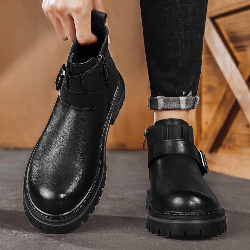 Brand British Leather Non-slip Motorcycle Boots for Men Fashion Casual Platform Shoes Man Designer Soft-soled Man Ankle Boots