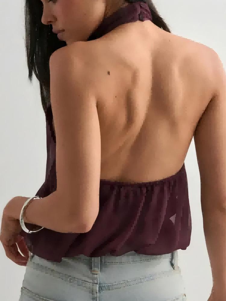 2026 Euro-American Style Halterneck Chiffon Top - Slim, Sexy, Backless, Solid Color for Vacation