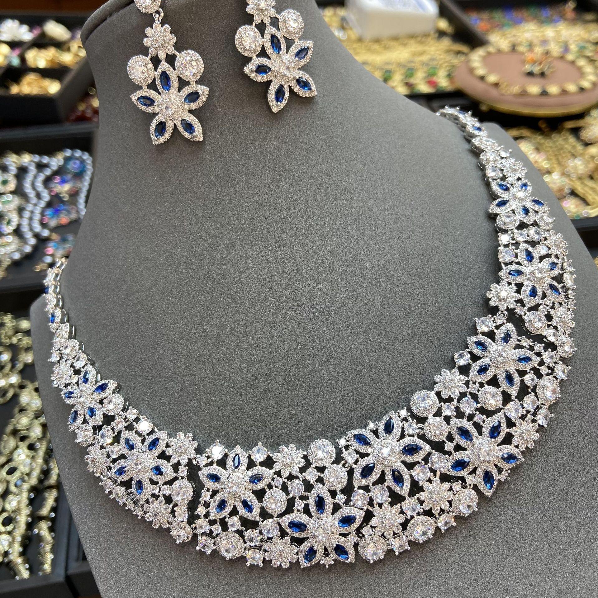 Luxury Flower Zircon Bridal Sand Necklace Bracelet Two-Piece Jewelry Set