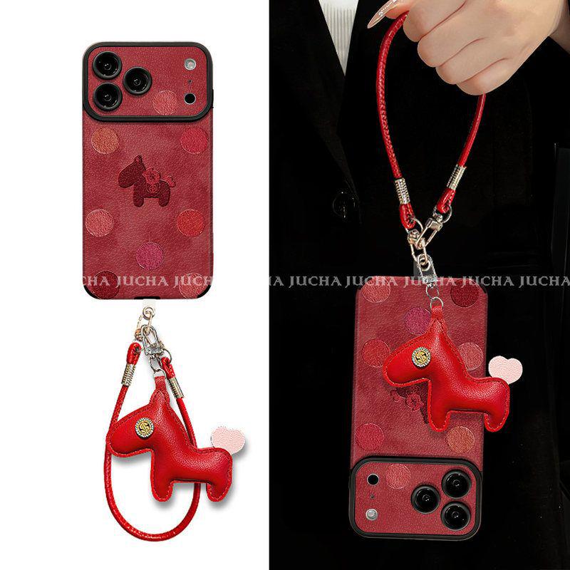 Polka Dot Little Horse Oil Painting Phone Case for iPhone 16/17 Pro Max with Lanyard