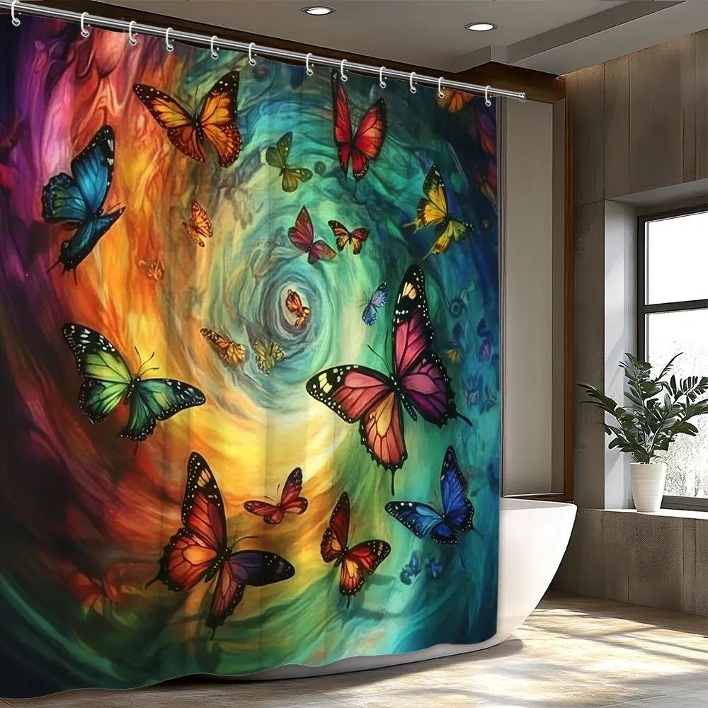 Vibrant Butterfly Swirl Waterproof Mildew-Resistant Shower Curtain - Artistic Design for a Magical Bathroom Décor Experience