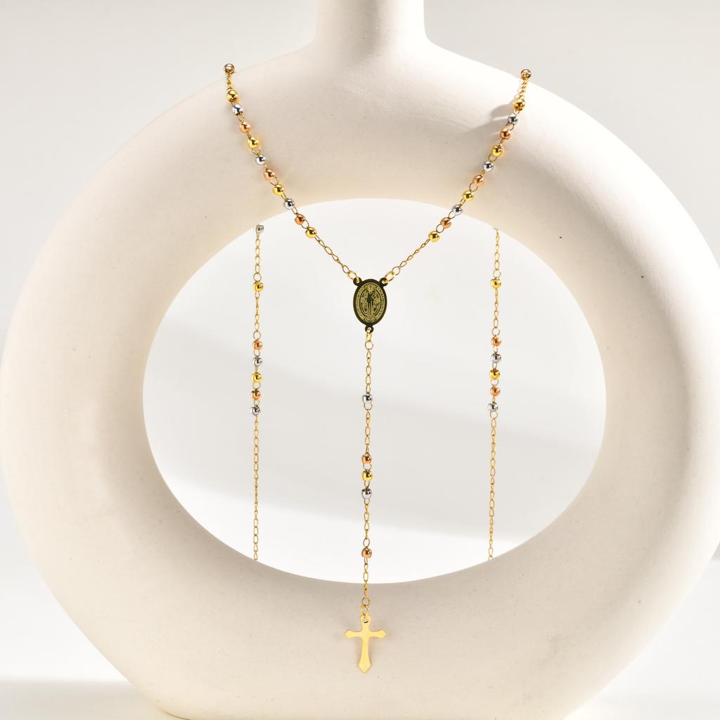 Edelstahl Rosenkranz Halskette Für Frauen, Lange Kette Jungfrau Maria Y-Form Vergoldet Katholisch Religiöser Schmuck