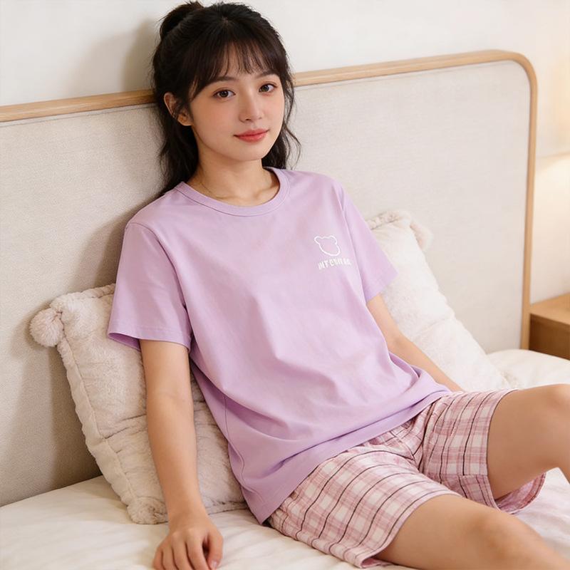 Summer comfortable crew neck pajamas for women, striped cartoon short-sleeve three-piece loungewear, in stock, direct order
