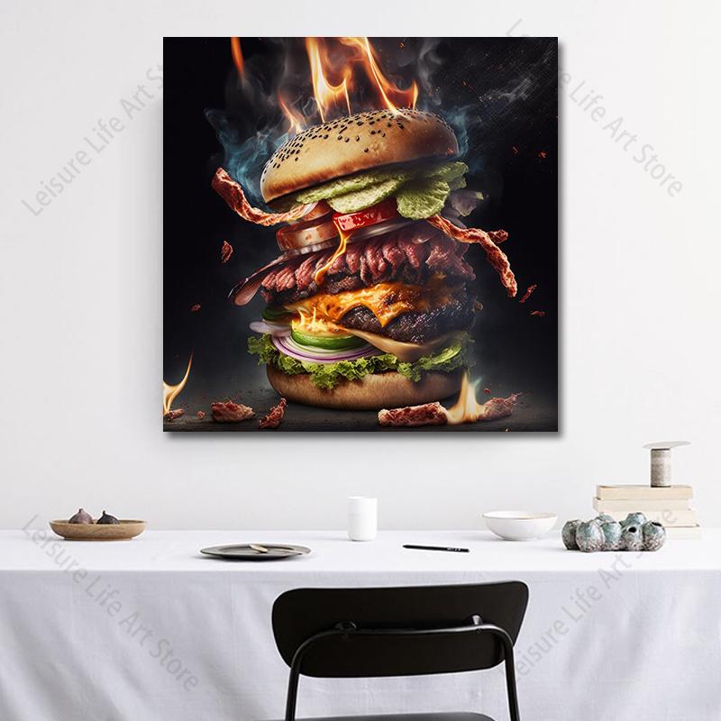 Modern Art Chicken Burger Canvas Painting Food Art Fast Food Hamburger Poster and Prints for Living Room Restaurant Wall Decor