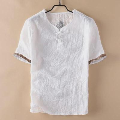 Men's Summer Linen V-Neck T-Shirt, Short-Sleeve, Wrinkled Casual Style