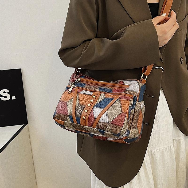 Middle-Aged Mother Bag Stitching Color Block Crossbody Bag Women Retro Multi-Compartment Large Capacity Shoulder Bag