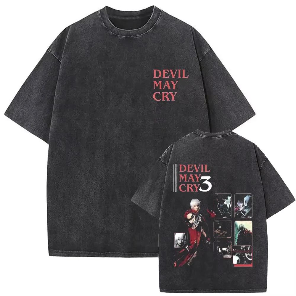 Game Devil May Cry Dante Vintage Acid Washed T-shirt Men Gothic Retro Fashion Short Sleeve T Shirts Male Hip Hop Streetwear