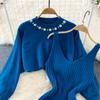Celebrity Temperament Round Neck Beaded High Waist Short Belly Button Sweater Two-piece Set Spice Girl Knitted Vest Dress