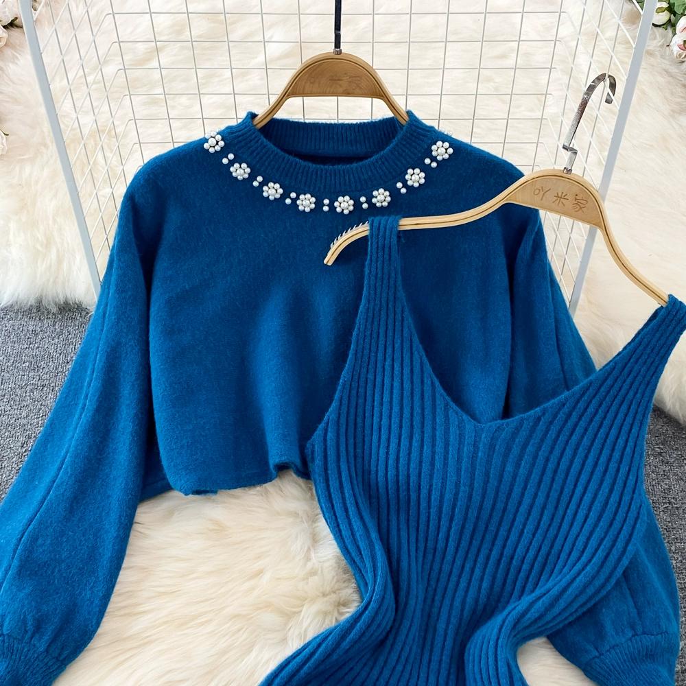 Celebrity Temperament Round Neck Beaded High Waist Short Belly Button Sweater Two-piece Set Spice Girl Knitted Vest Dress