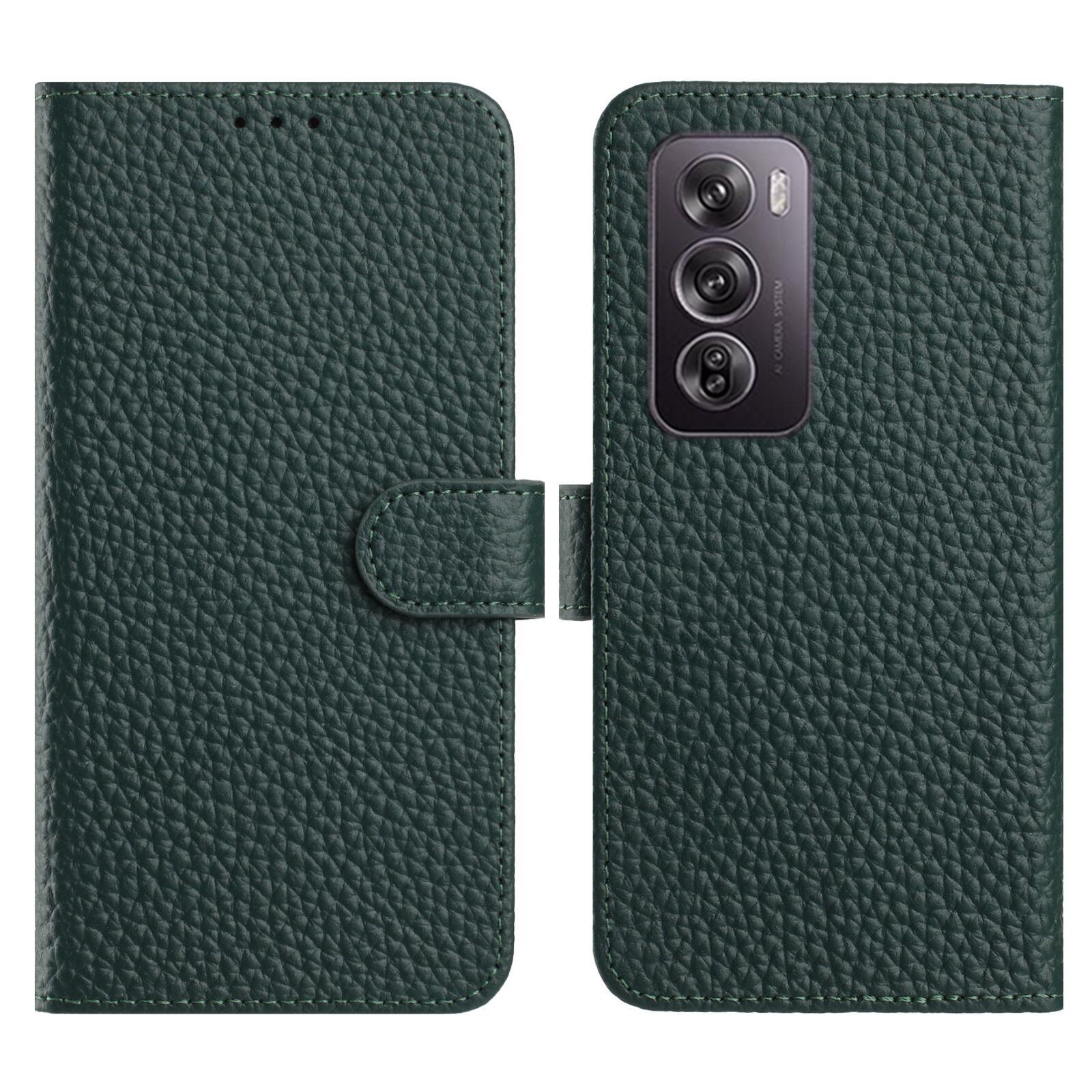 

For Oppo Reno12 Pro 5G (Global) Case Wallet Stand Litchi Texture Genuine Cow Leather Flip Phone Cover Green
