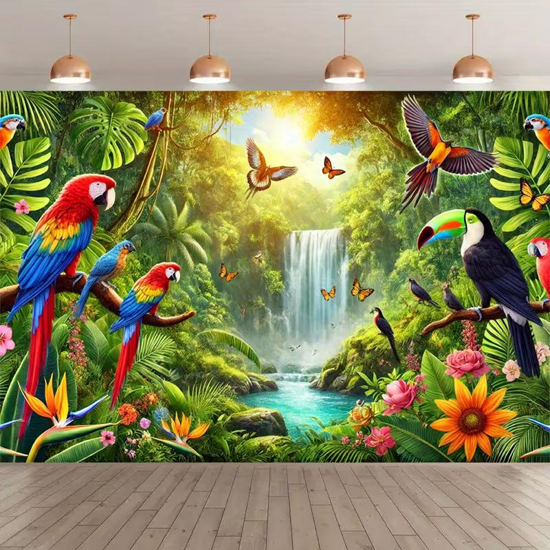 

2D Rainforest Bird Waterfall Tapestry Macaw Toucan Backdrop Cloth for Living Room 47.2x31.5inch/120*80cm