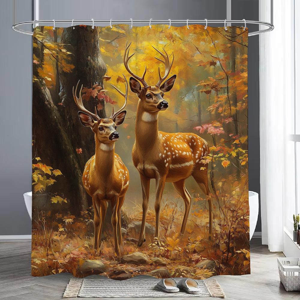 

1Pc Forest Scenery Deer Animal Pattern Shower Curtain, Bathtub Bathroom Decorative Shower Curtain, Home Curtain With Hooks W60H190(CM)-1 Pcs