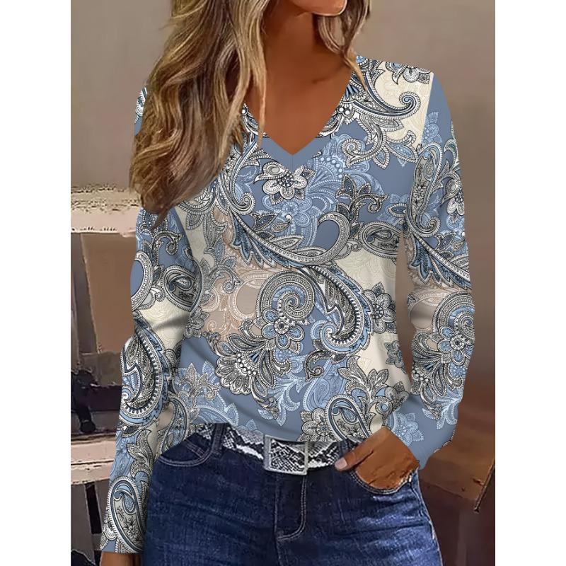 Women's Elegant V-Neck Marble Print Long Sleeve T-Shirt Soft Polyester Great for Autumn and Winter Casual Wear Floral Print Tops