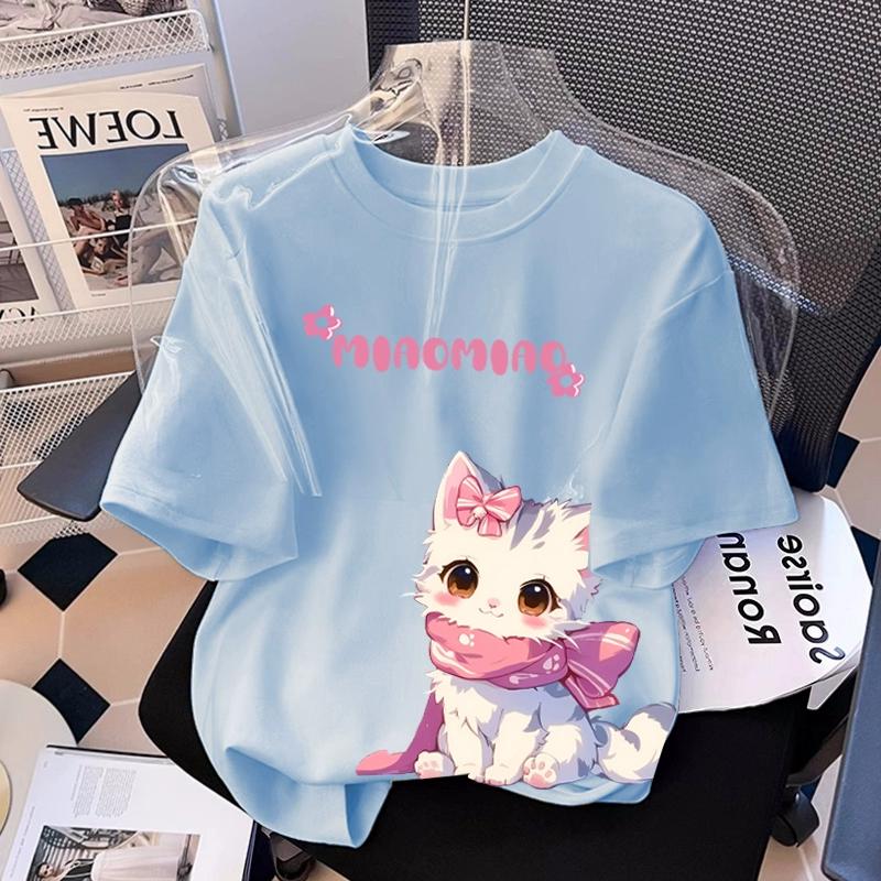 T-shirt Stampata con Grafica di Gatto Cartone Animato per Ragazza Estiva Casual da Donna per Bambini a Maniche Corte Abbigliamento