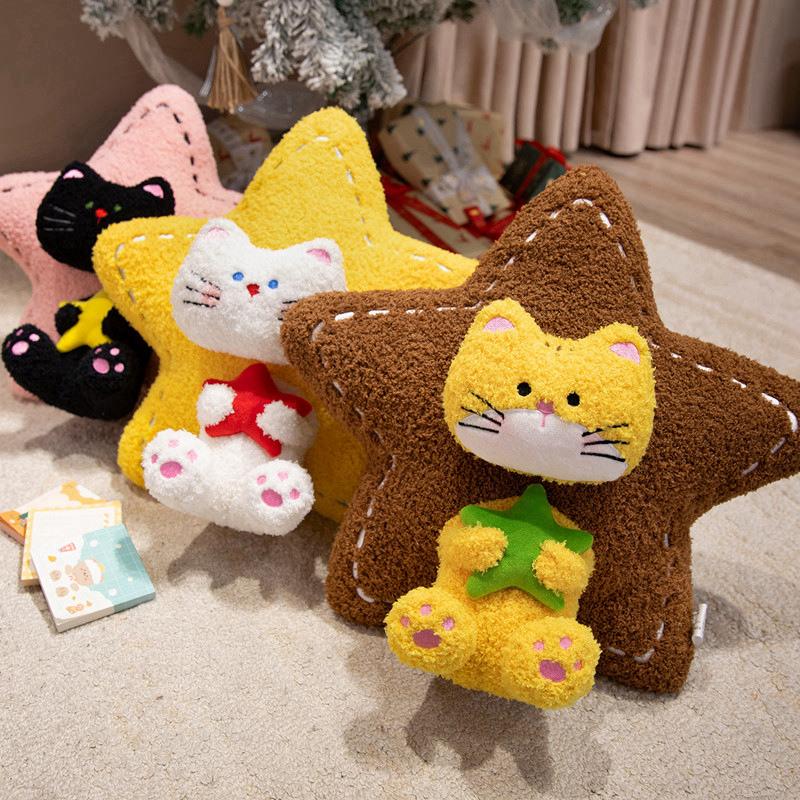Cute Star Shape Cat Plush Cushion With Smiling Character Face And Pink Star Accent Soft Stuffed Toy Charming Creative