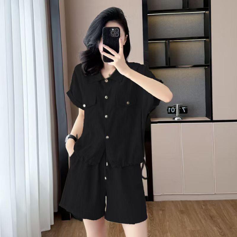 

Women s Plus Size Summer Casual Sports Set – Solid Color, Loose Top & Drawstring Shorts 4XL чёрный