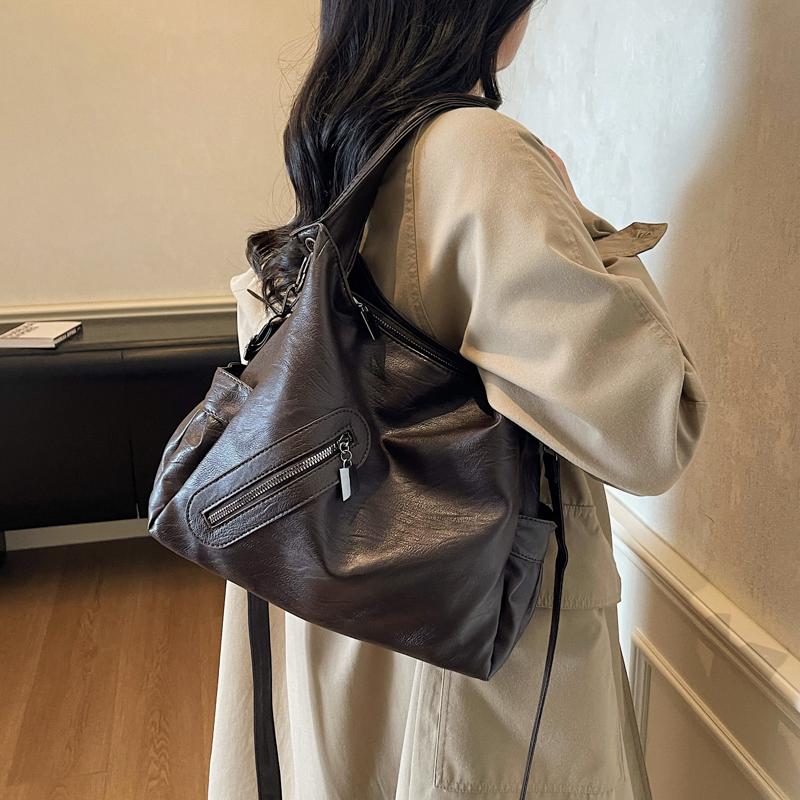 Damska skórzana torba tote w jednolitym kolorze, modna torba crossbody na jedno ramię, torebka codzienna o dużej pojemności, prosta codzienna torba na jedno ramię