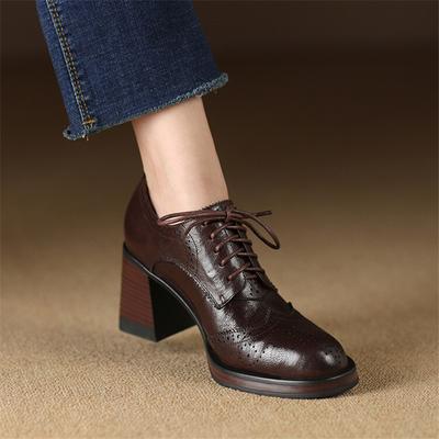 Fashion New Spring Genuine Leather Women Shoes Round Toe Women Pumps Brogue Designs Shoes for Women High Heel Lace Loafers Ladies Shoes