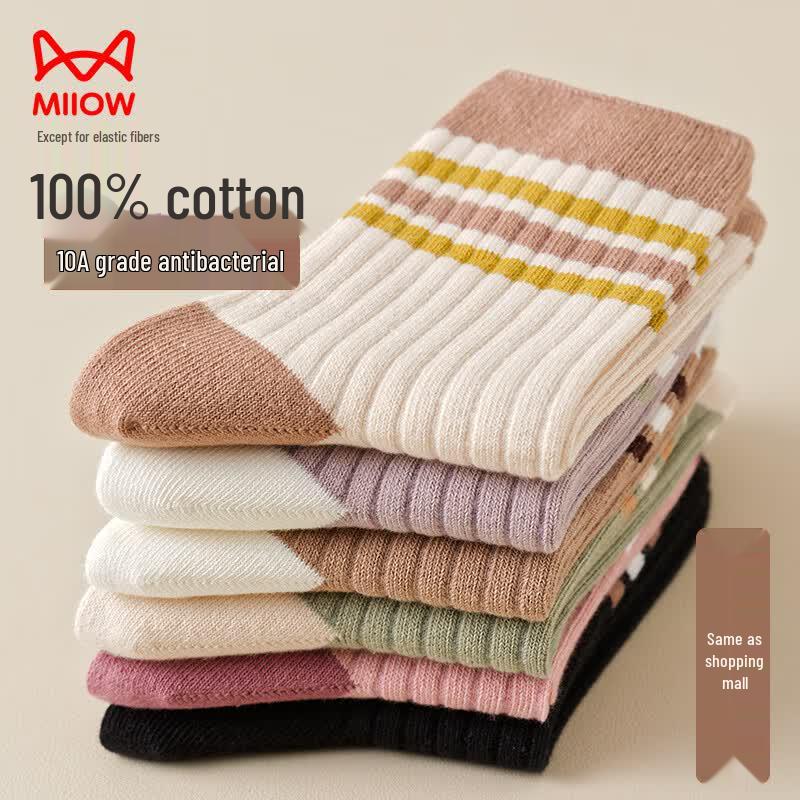 MaoRen Women s Striped Mid-Calf Cotton Socks (6 Pairs) One Size